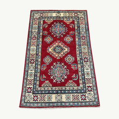 Crimson Afghan Kazak Rug – Hand-Knotted Tribal Medallions & Double Border