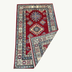 Crimson Afghan Kazak Rug – Hand-Knotted Tribal Medallions & Double Border
