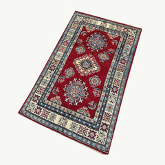 Crimson Afghan Kazak Rug – Hand-Knotted Tribal Medallions & Double Border