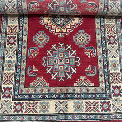 Crimson Afghan Kazak Rug – Hand-Knotted Tribal Medallions & Double Border