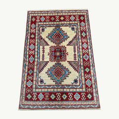 Ivory-Field Afghan Kazak Rug – Tribal Medallion Geometry