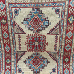 Ivory-Field Afghan Kazak Rug – Tribal Medallion Geometry