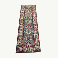 Hand-Knotted Afghan Runner Rug 6.2 x 2.2 ft – Geometric Star & Floral Design in Blue, Red, and Beige