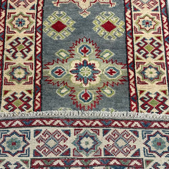 Hand-Knotted Afghan Runner Rug 6.2 x 2.2 ft – Geometric Star & Floral Design in Blue, Red, and Beige