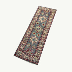 Hand-Knotted Afghan Runner Rug 6.2 x 2.2 ft – Geometric Star & Floral Design in Blue, Red, and Beige