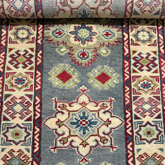Hand-Knotted Afghan Runner Rug 6.2 x 2.2 ft – Geometric Star & Floral Design in Blue, Red, and Beige