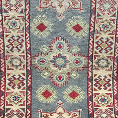 Hand-Knotted Afghan Runner Rug 6.2 x 2.2 ft – Geometric Star & Floral Design in Blue, Red, and Beige