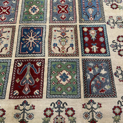 Afghan Kazak 10 x 6.6 Rug – Panel Design with Tribal Floral Motifs in Ivory, Red, Green & Blue