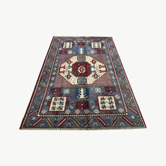 Afghan Kazak 10 x 6.5 Rug – Tribal Medallion Design in Ivory, Red, Slate Blue, and Navy