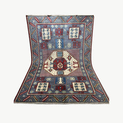Afghan Kazak 10 x 6.5 Rug – Tribal Medallion Design in Ivory, Red, Slate Blue, and Navy