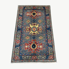 Afghan Kazak 4.2 x 2.6 Rug – Geometric Floral Medallions in Slate Grey, Red & Gold