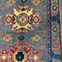 Afghan Kazak 4.2 x 2.6 Rug – Geometric Floral Medallions in Slate Grey, Red & Gold