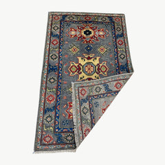 Afghan Kazak 4.2 x 2.6 Rug – Geometric Floral Medallions in Slate Grey, Red & Gold
