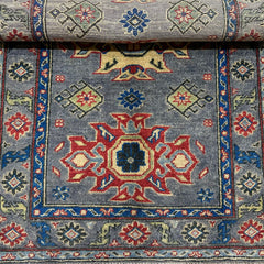 Afghan Kazak 4.2 x 2.6 Rug – Geometric Floral Medallions in Slate Grey, Red & Gold