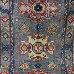 Afghan Kazak 4.2 x 2.6 Rug – Geometric Floral Medallions in Slate Grey, Red & Gold