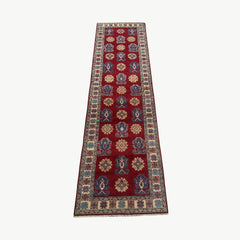 Afghan Kazak 9.5 x 2.7 Runner Rug – Red Field with Repeating Tribal Medallions
