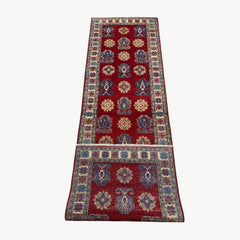 Afghan Kazak 9.5 x 2.7 Runner Rug – Red Field with Repeating Tribal Medallions