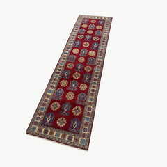 Afghan Kazak 9.5 x 2.7 Runner Rug – Red Field with Repeating Tribal Medallions