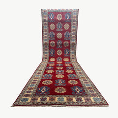 Afghan Kazak 9.5 x 2.7 Runner Rug – Red Field with Repeating Tribal Medallions