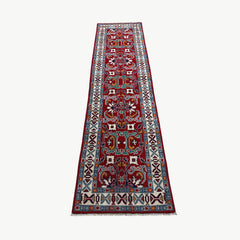 Afghan Kazak 9.5 x 2.5 Runner – Red Field with Tribal Medallion & Ram’s Horn Motifs