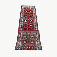 Afghan Kazak 9.5 x 2.5 Runner – Red Field with Tribal Medallion & Ram’s Horn Motifs