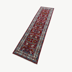 Afghan Kazak 9.5 x 2.5 Runner – Red Field with Tribal Medallion & Ram’s Horn Motifs