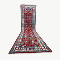 Afghan Kazak 9.5 x 2.5 Runner – Red Field with Tribal Medallion & Ram’s Horn Motifs