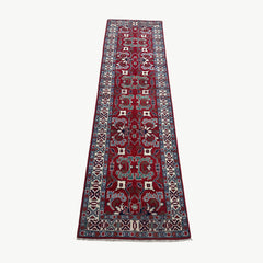Afghan Kazak Runner – Crimson Red Field with Geometric Floral Medallions