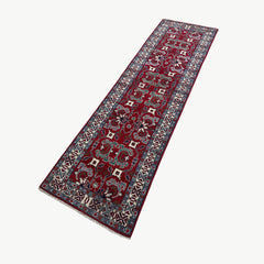 Afghan Kazak Runner – Crimson Red Field with Geometric Floral Medallions