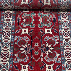 Afghan Kazak Runner – Crimson Red Field with Geometric Floral Medallions