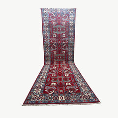 Afghan Kazak Runner – Crimson Red Field with Geometric Floral Medallions