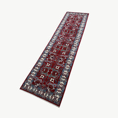 Afghan Kazak 9.7 x 2.6 Runner – Rich Red Field with Tribal Geometric Motifs