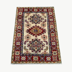 Afghan Kazak 3.7 x 2.6 Rug – Ivory Field with Tribal Medallions and Rich Borders