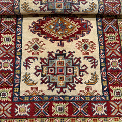 Afghan Kazak 3.7 x 2.6 Rug – Ivory Field with Tribal Medallions and Rich Borders
