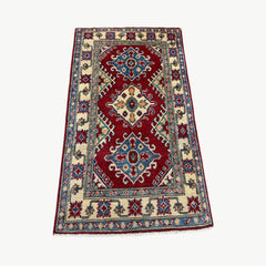 Afghan Kazak 4.4 x 2.5  Rug – Tribal Diamond Medallions in Deep Red, Blue & Ivory