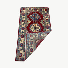 Afghan Kazak 4.4 x 2.5  Rug – Tribal Diamond Medallions in Deep Red, Blue & Ivory