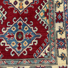 Afghan Kazak 4.4 x 2.5  Rug – Tribal Diamond Medallions in Deep Red, Blue & Ivory