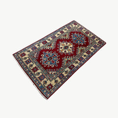 Afghan Kazak 4.4 x 2.5  Rug – Tribal Diamond Medallions in Deep Red, Blue & Ivory