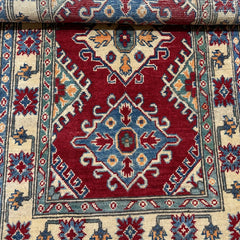 Afghan Kazak 4.4 x 2.5  Rug – Tribal Diamond Medallions in Deep Red, Blue & Ivory