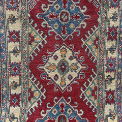 Afghan Kazak 4.4 x 2.5  Rug – Tribal Diamond Medallions in Deep Red, Blue & Ivory