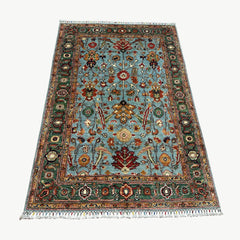 Afghan Ziegler 6 x 4.1 Rug – Floral Motif in Powder Blue with Emerald Border