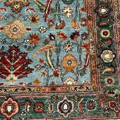 Afghan Ziegler 6 x 4.1 Rug – Floral Motif in Powder Blue with Emerald Border