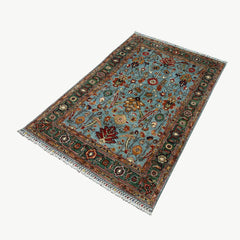 Afghan Ziegler 6 x 4.1 Rug – Floral Motif in Powder Blue with Emerald Border