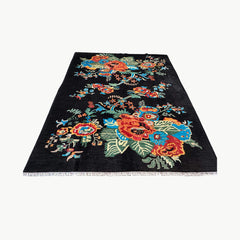 Chobi 9.7 x 8.2 Rug – Bold Floral Bouquet on Jet Black Canvas