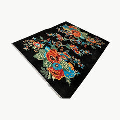 Chobi 9.7 x 8.2 Rug – Bold Floral Bouquet on Jet Black Canvas