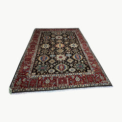 Chobi 11.8 x 9 Rug – Tribal Medallion Mosaic in Black, Brick Red, and Cerulean Blue