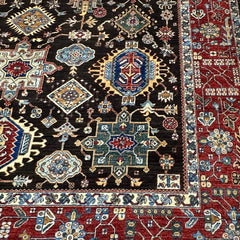 Chobi 11.8 x 9 Rug – Tribal Medallion Mosaic in Black, Brick Red, and Cerulean Blue