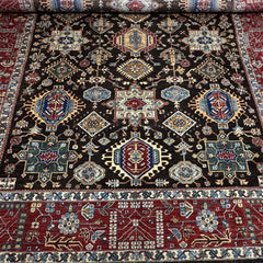 Chobi 11.8 x 9 Rug – Tribal Medallion Mosaic in Black, Brick Red, and Cerulean Blue