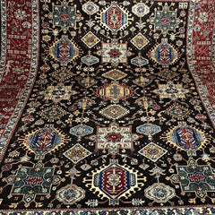 Chobi 11.8 x 9 Rug – Tribal Medallion Mosaic in Black, Brick Red, and Cerulean Blue