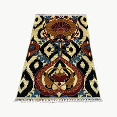 Chobi 4.9 x 3.3 Rug – Ikat Floral Medallion Design in Maroon, Ochre & Midnight Black